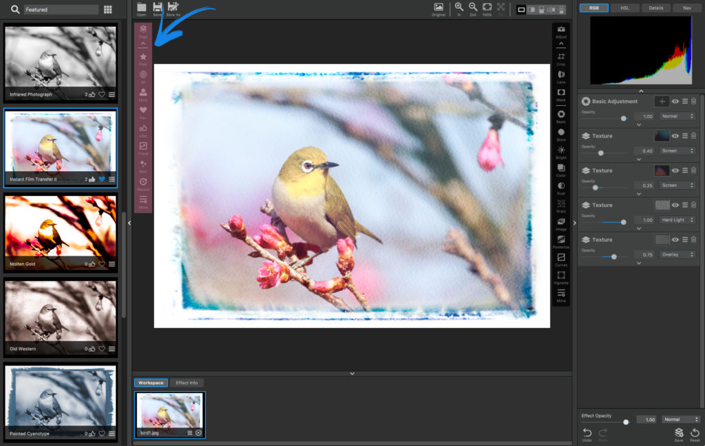 Effect Buttons in Topaz Studio